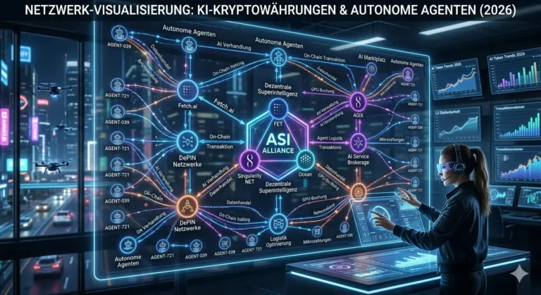 „Netzwerk-Visualisierung von KI Kryptowährungen und autonomen Agenten im Jahr 2026.